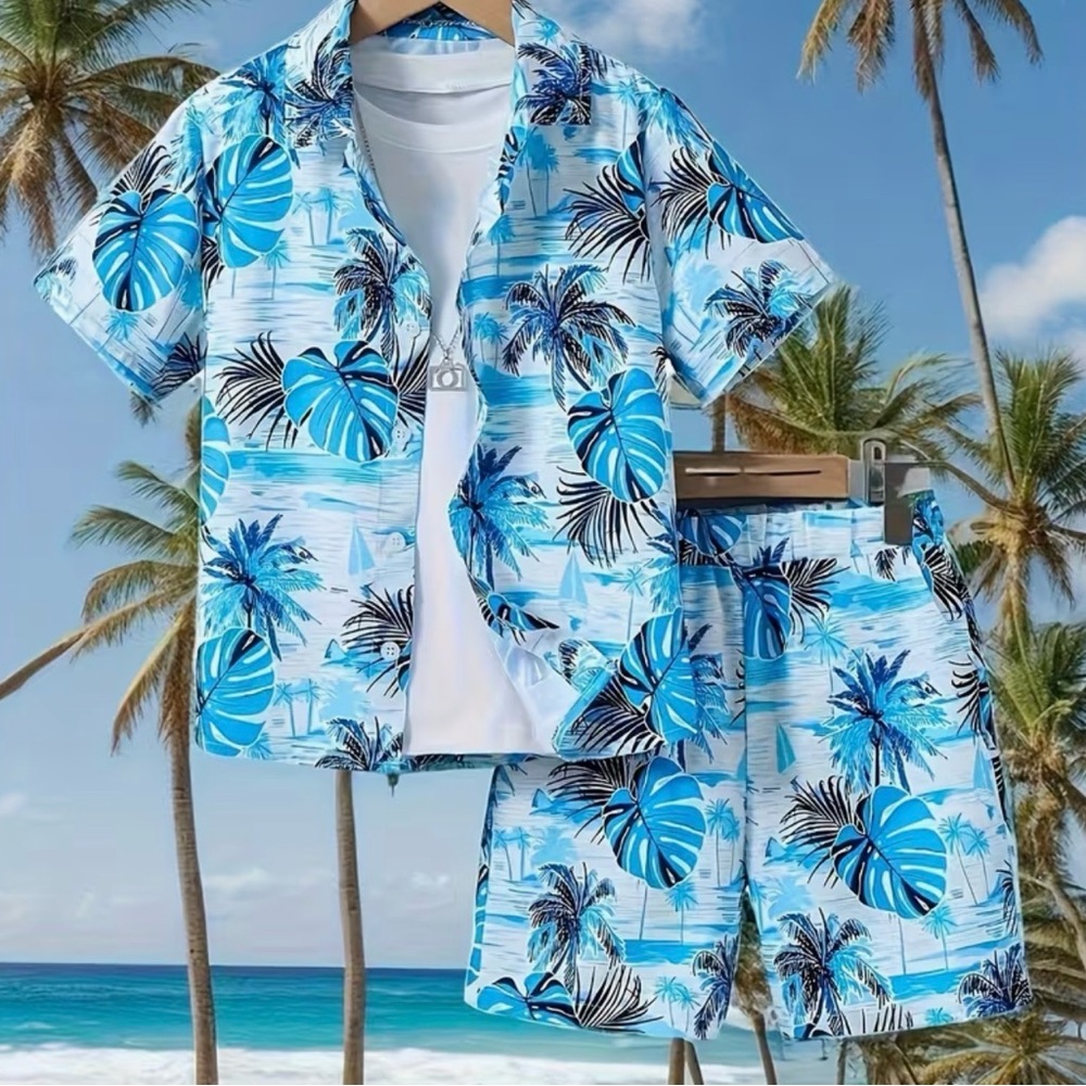 Boys Tropical Kids outfit shorts set cruise vacation Hawaiian L 9-11 blue
